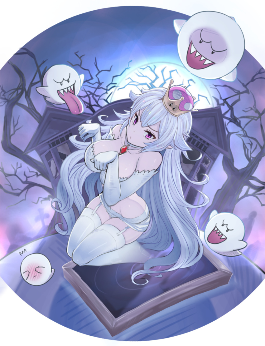 absurdres bare_tree boo breasts broken_window brooch choker cleavage closed_mouth commentary_request crown elbow_gloves eyebrows_visible_through_hair full_body garter_straps ghost_pose gloves hair_between_eyes highres jewelry large_breasts long_hair long_tongue looking_at_viewer luigi's_mansion mansion mario_(series) moon new_super_mario_bros._u_deluxe night outdoors pointy_ears princess_king_boo purple_eyes sharp_teeth shousumi_(ljayxh) silver_hair super_crown teeth thighhighs tongue tongue_out transparent_background tree very_long_hair white_gloves white_legwear