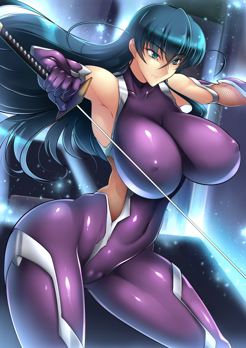 absurdres black_hair bodysuit breasts covered_navel covered_nipples elbow_gloves fishnets gloves green_eyes haganef highres huge_breasts igawa_asagi impossible_bodysuit impossible_clothes katana ninja purple_bodysuit shiny shiny_clothes skin_tight solo sword taimanin_(series) taimanin_asagi taimanin_suit weapon