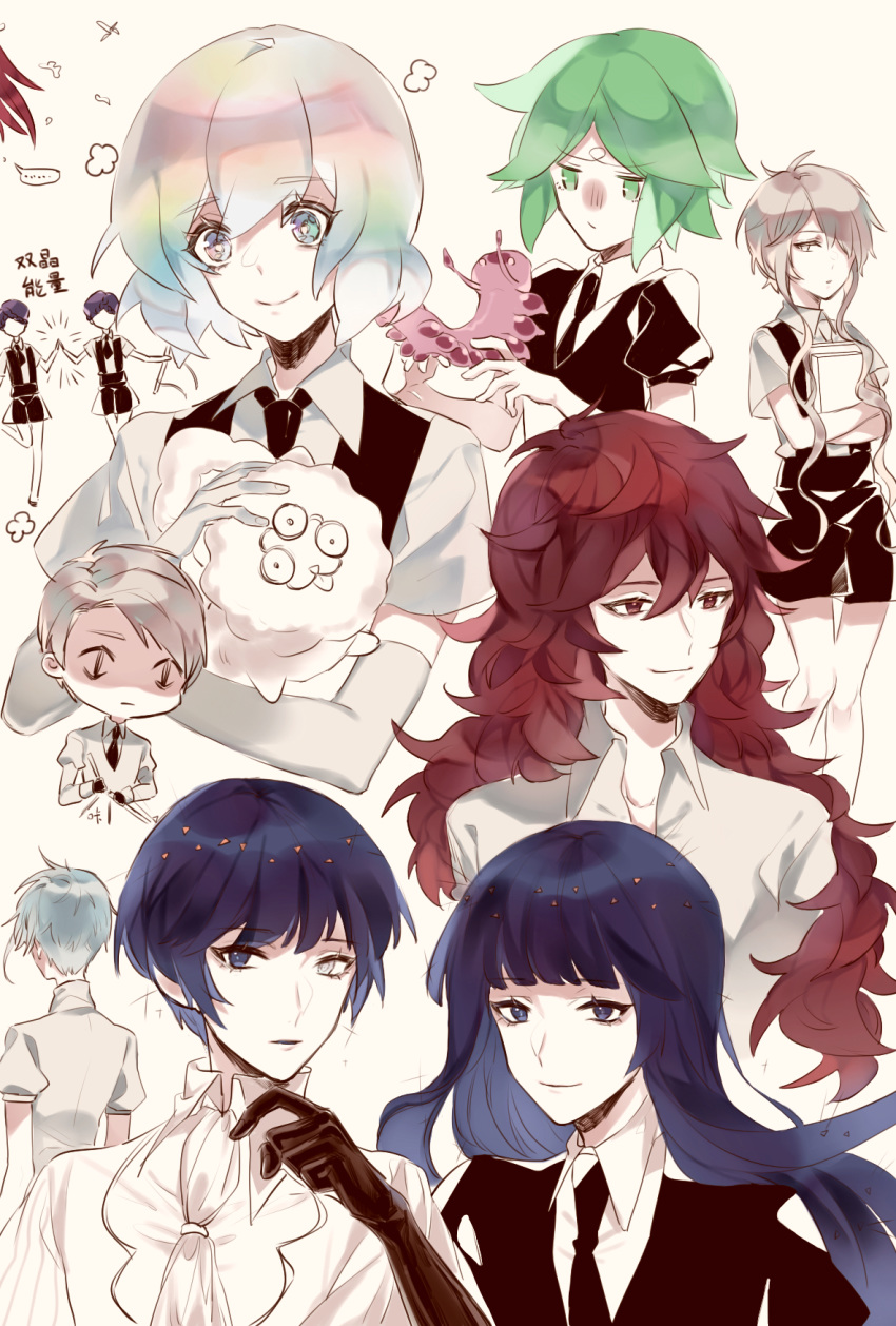 amethyst_(houseki_no_kuni) androgynous antarcticite bangs blue_eyes blue_hair blunt_bangs cairngorm_(houseki_no_kuni) diamond_(houseki_no_kuni) elbow_gloves eyebrows_visible_through_hair frown gem_uniform_(houseki_no_kuni) ghost_quartz_(houseki_no_kuni) gloves golden_arms green_eyes green_hair grey_eyes grey_hair hair_over_one_eye heterochromia highres hime_cut houseki_no_kuni lapis_lazuli_(houseki_no_kuni) long_hair looking_at_viewer multicolored multicolored_eyes multicolored_hair multiple_others multiple_persona necktie out_of_frame padparadscha_(houseki_no_kuni) phosphophyllite phosphophyllite_(ll) purple_hair rainbow_eyes rainbow_hair red_eyes red_hair sea_slug shinsha_(houseki_no_kuni) shiro_(houseki_no_kuni) short_hair sketch smile spoilers suspenders ventricosus wavy_hair yexing_huidou