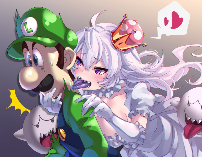 1boy 1girl blush boo breasts cleavage collarbone crown dress facial_hair floating_hair gloom_(expression) gloves green_hat green_shirt hand_on_another's_chin hand_on_another's_shoulder hat heart heart-shaped_pupils highres large_breasts licking long_hair luigi luigi's_mansion mario_(series) mini_crown mustache neck_licking new_super_mario_bros._u_deluxe open_mouth overalls princess_king_boo puffy_short_sleeves puffy_sleeves purple_eyes purple_tongue sharp_teeth shirt short_sleeves silver_hair spoken_heart super_crown surprised sweatdrop symbol-shaped_pupils tdnd-96 teeth tilted_headwear tongue tongue_out very_long_hair white_dress white_gloves