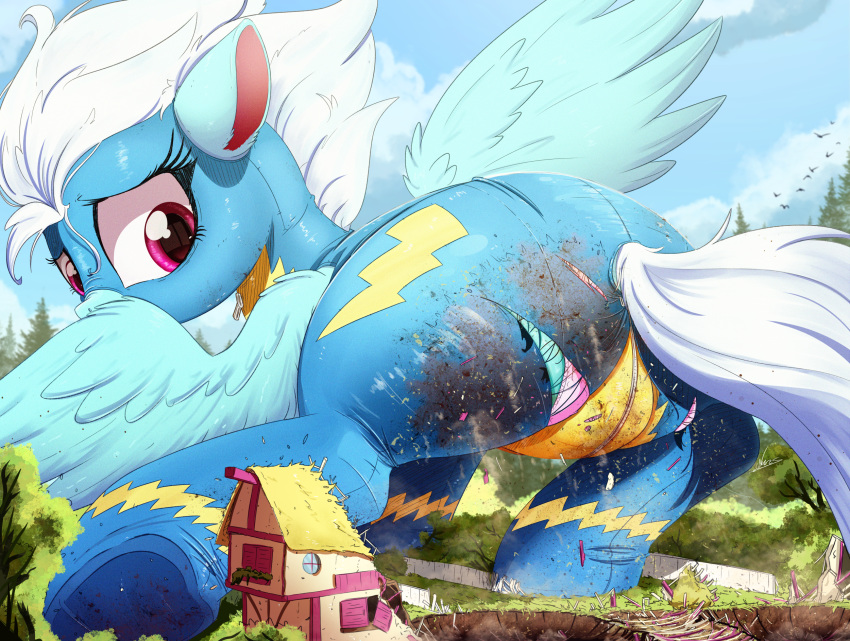 2018 butt clothing destruction equine feathered_wings feathers female fence feral fleetfoot_(mlp) friendship_is_magic hi_res macro mammal my_little_pony ncmares outside pegasus torn_clothing underwear wings wonderbolts_(mlp)