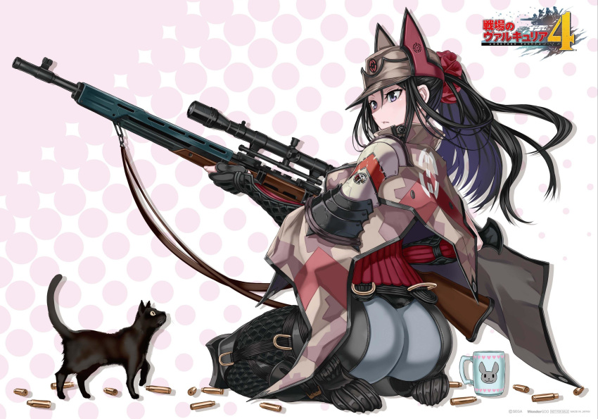 absurdres animal_ears animal_hat ass black_cat black_hair cat cat_hat commentary_request cup drop_shadow fine_fabric_emphasis from_side full_body gun hat hat_with_ears highres honjou_raita kai_schren md5_mismatch mug official_art ponytail rifle scope seiza senjou_no_valkyria senjou_no_valkyria_4 shawl shell_casing silver_eyes sitting sniper_rifle weapon