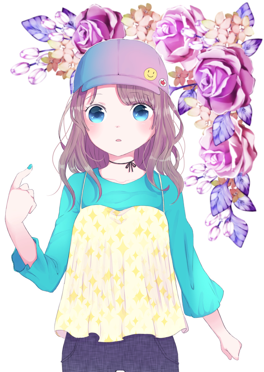 absurdres badge bangs baseball_cap blue_eyes blue_hat blue_shirt blush brown_hair button_badge camisole commentary_request eyebrows_visible_through_hair flower gradient gradient_hat hand_up hat highres hiroshi_(jasinloki) long_hair long_sleeves looking_at_viewer original pants parted_lips pink_hat pointing pointing_at_self purple_flower purple_pants purple_rose rose shirt smiley_face solo sparkle standing white_background yellow_camisole