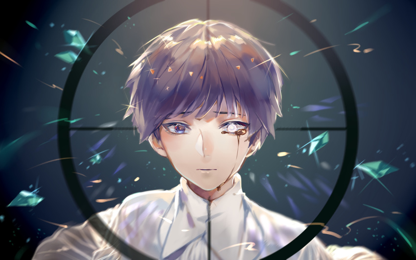 androgynous blue_eyes blue_hair colored_eyelashes crying crying_with_eyes_open crystal_hair gold heterochromia hibana_(vocaloid) highres houseki_no_kuni looking_at_viewer phosphophyllite phosphophyllite_(ll) short_hair solo spoilers target tears upper_body vocaloid white_eyes yexing_huidou