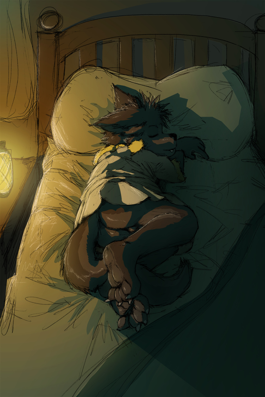 2018 4_toes anthro balls barefoot bed black_fur bottomless butt canine clothed clothing cub dakka dakkawolf eyes_closed fangs fur male mammal nightwear paws sleeping smile tail_between_legs toes wolf young