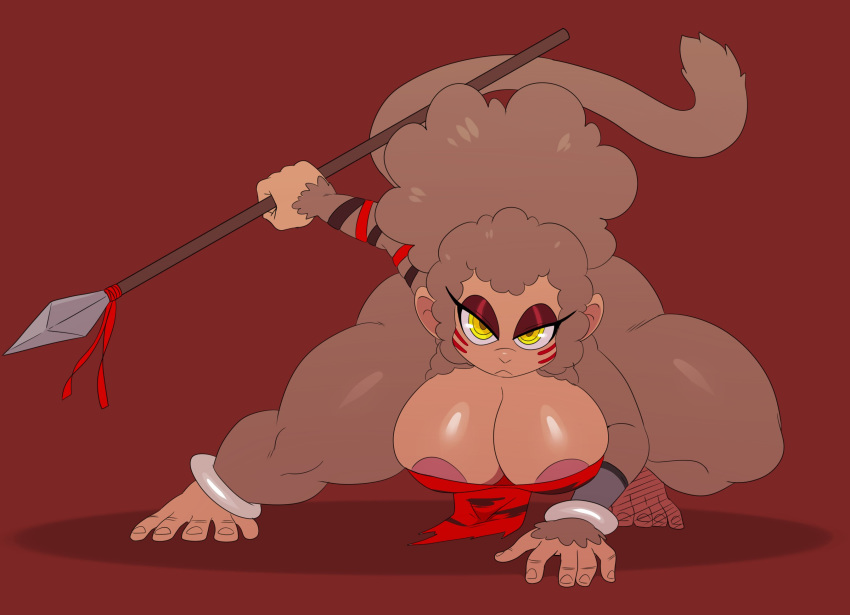 areola_slip big_breasts breasts brown_fur eyeliner female front_view fur hi_res holding_object makeup mammal melee_weapon monkey polearm primate solo spear sssonic2 talma thick_thighs weapon yellow_eyes