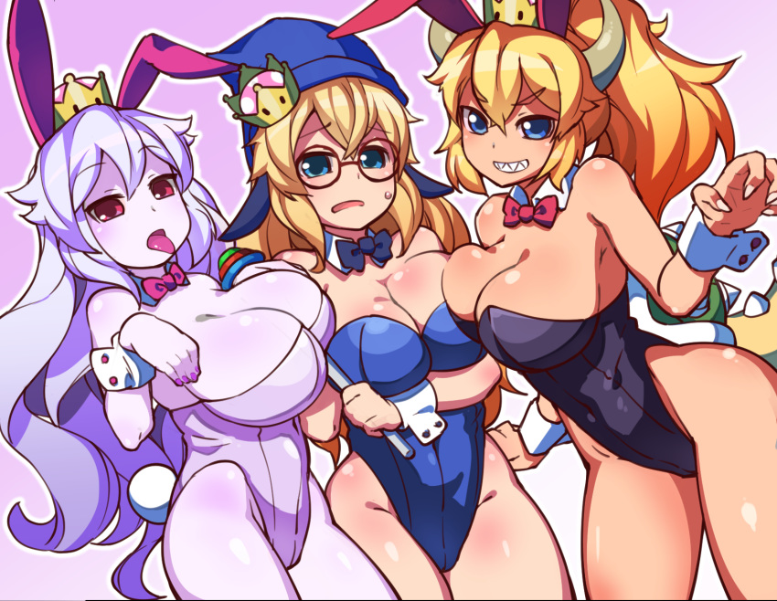 :d animal_ears asymmetrical_docking bare_shoulders black_leotard blonde_hair blue_eyes blue_hat blue_leotard blue_neckwear body_blush bow bowsette bowtie breast_press breasts bunnysuit claw_pose cleavage commentary contrapposto crown detached_collar eyebrows_visible_through_hair fake_animal_ears fingernails fukurou_(owl222) glasses gradient gradient_background grin hat highleg highleg_leotard highres holding horns huge_breasts kamek large_breasts leotard long_hair looking_at_viewer luigi's_mansion mario_(series) multiple_girls new_super_mario_bros._u_deluxe open_mouth outline pink_neckwear ponytail princess_king_boo purple_background red-framed_eyewear red_eyes round_eyewear sharp_teeth shell silver_hair smile spiked_tail super_crown sweatdrop tail teeth tongue tongue_out turtle_shell very_long_hair white_leotard white_outline white_skin wizard_hat wrist_cuffs