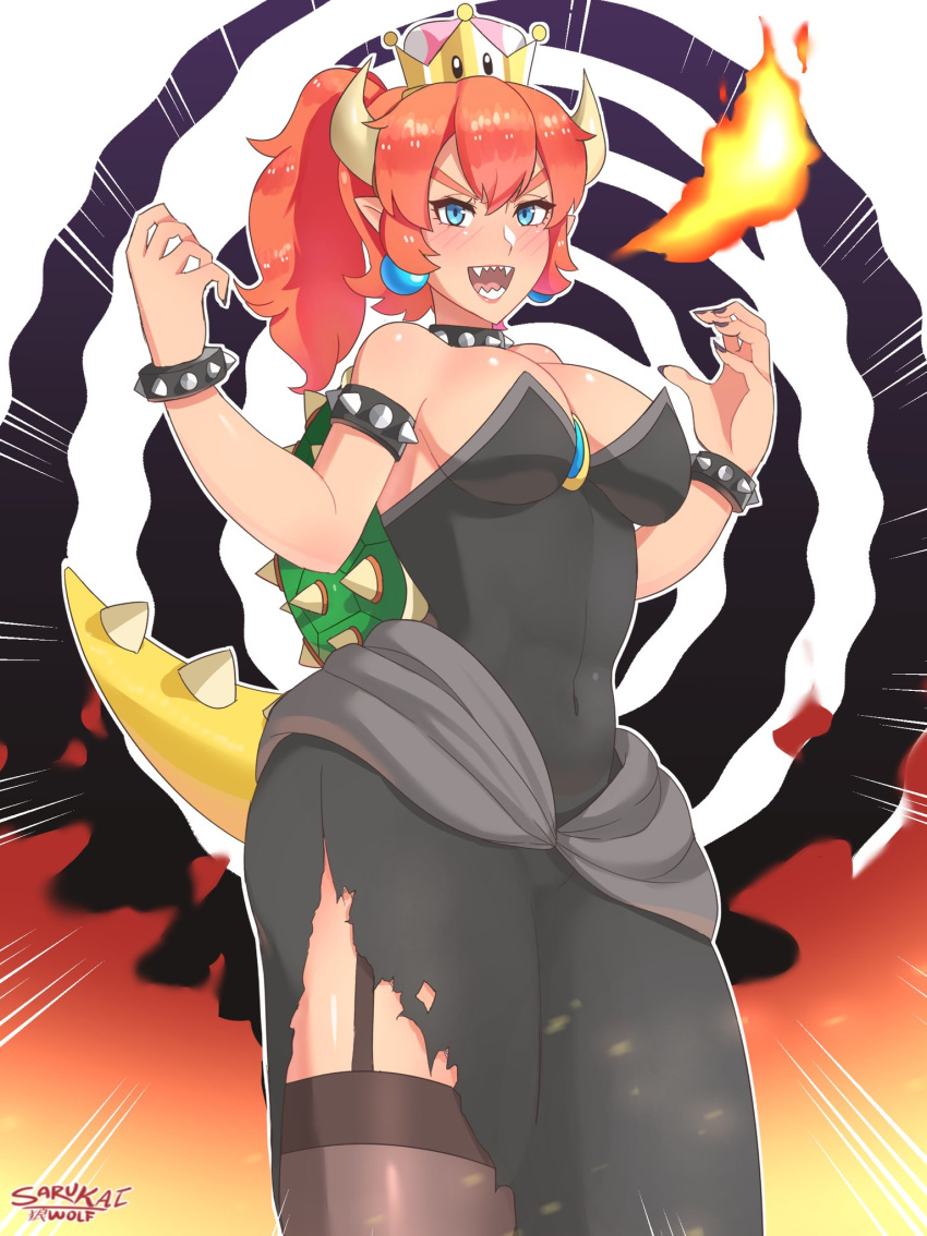 1girl absurdres armlet artist_name bangs bare_shoulders black_dress black_legwear black_nails blue_eyes blush bowsette bracelet breasts breathing_fire cleavage collar covered_navel crown dress earrings emphasis_lines female fire garter_straps hands_up happy highres horns jewelry jpeg_artifacts large_breasts nail_polish new_super_mario_bros._u_deluxe open_mouth outline ponytail red_hair sarukaiwolf sharp_teeth shiny shiny_hair shiny_skin side_slit signature smile solo spiked_bracelet spiked_collar spiked_shell spikes standing strapless strapless_dress super_crown teeth thighhighs tied_hair torn_clothes torn_dress turtle_shell watermark white_outline
