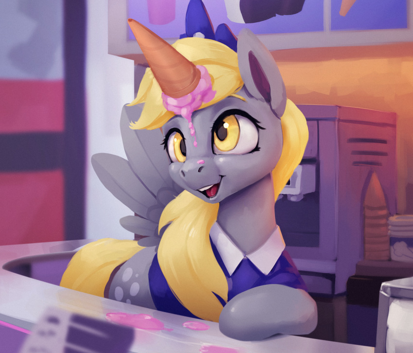 2018 clothing cutie_mark derpy_hooves_(mlp) dessert equine feathered_wings feathers female feral food friendship_is_magic ice_cream inside mammal my_little_pony pegasus rodrigues404 solo wings