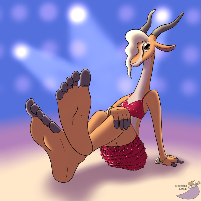 2016 alternate_version_at_source antelope anthro barefoot blonde_hair breasts clothed clothing disney feet female foot_focus gazelle gazelle_(zootopia) hair horn humanoid_feet mammal paladingalahad plantigrade smile soles solo sorcererlance zootopia