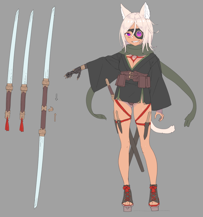 1girl animal_ears arm_at_side arrow_(symbol) ass_visible_through_thighs belt brown_panties commentary_request contrapposto dagger double-blade enkyo_yuuichirou eyepatch geta grey_background hair_between_eyes haori highres japanese_clothes knife long_sleeves looking_at_viewer mechanical_arms one_eye_covered original outstretched_arms panties pink_hair purple_eyes sandals scabbard sharp_teeth sheath short_hair simple_background single_mechanical_arm smile solo spread_arms standing sword tail teeth underwear weapon