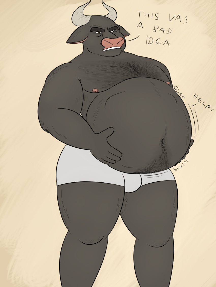 anthro belly big_belly body_hair bovine bulge cattle chest_hair english_text horn male mammal mature_male milo_(oystercatcher7) muscular navel nipples oystercatcher7 simple_background slightly_chubby solo struggling text vore