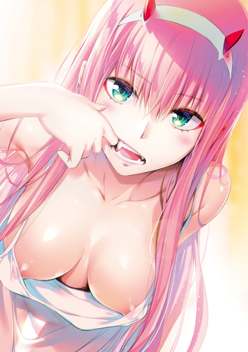 areolae bad_id bad_yandere_id blush breasts collarbone cowboy_shot darling_in_the_franxx downblouse dress dutch_angle eyebrows_visible_through_hair eyeliner fangs green_eyes hairband highres horns long_hair looking_at_viewer lossy-lossless makeup medium_breasts mouth_pull pink_hair see-through_silhouette sidelocks solo white_dress yabuki_kentarou zero_two_(darling_in_the_franxx)