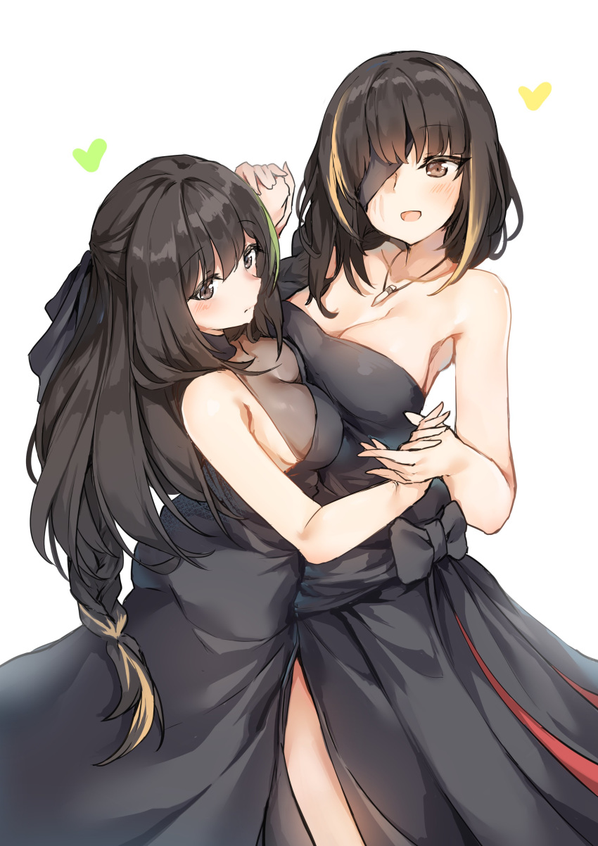 absurdres alternate_costume armpits asymmetrical_docking bangs black_dress black_hair black_ribbon blonde_hair braid breast_press breasts brown_eyes brown_hair bullet cleavage collarbone commentary_request dancing dress eyebrows_visible_through_hair eyepatch flying_heart girls_frontline green_hair hair_between_eyes hair_over_shoulder hair_ribbon halter_dress hansal highres holding_hands jewelry long_hair looking_at_viewer m16a1_(girls_frontline) m4a1_(girls_frontline) medium_breasts mole mole_under_eye multicolored_hair multiple_girls necklace open_mouth ribbon scar sidelocks simple_background single_braid smile strapless strapless_dress streaked_hair white_background