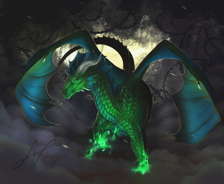 2018 ambiguous_gender averrisvis blue_eyes claws day detailed_background detailed_scales digital_media_(artwork) dragon feral forest full-length_portrait green_scales horn membranous_wings outside portrait scales scalie solo spines standing tree western_dragon wings