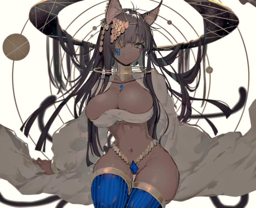 1girl animal_ears bangs black_eyes black_hair blue_legwear blunt_bangs breasts cat_ears cat_tail circlet dark_skin earrings eyelashes eyepatch fangs highres jewelry large_breasts long_hair mole mole_on_breast mole_on_crotch multiple_tails naruwe navel open_mouth original simple_background slit_pupils solo tail thighhighs very_long_hair white_background
