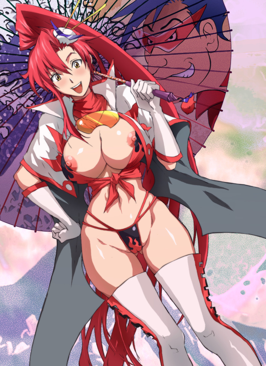 breasts bursting_breasts curvy fine_art_parody front-tie_top glasses gloves hair_ornament highres konkitto large_breasts long_hair nipples open_mouth oriental_umbrella panties parasol parody ponytail red_hair shirt solo tengen_toppa_gurren_lagann thighhighs thong tied_shirt umbrella underwear white_legwear wide_hips yellow_eyes yoko_littner