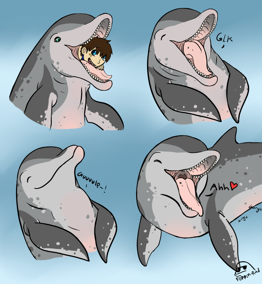 blue_eyes brown_hair cetacean digestion dolphin duo eyes_closed feral fin flippin-rad gaping_mouth grin gurgle hair human male male_pred male_prey mammal marine mouth_shot open_mouth sequence sigh simple_background size_difference smile spots swallowing teeth text throat tongue vore