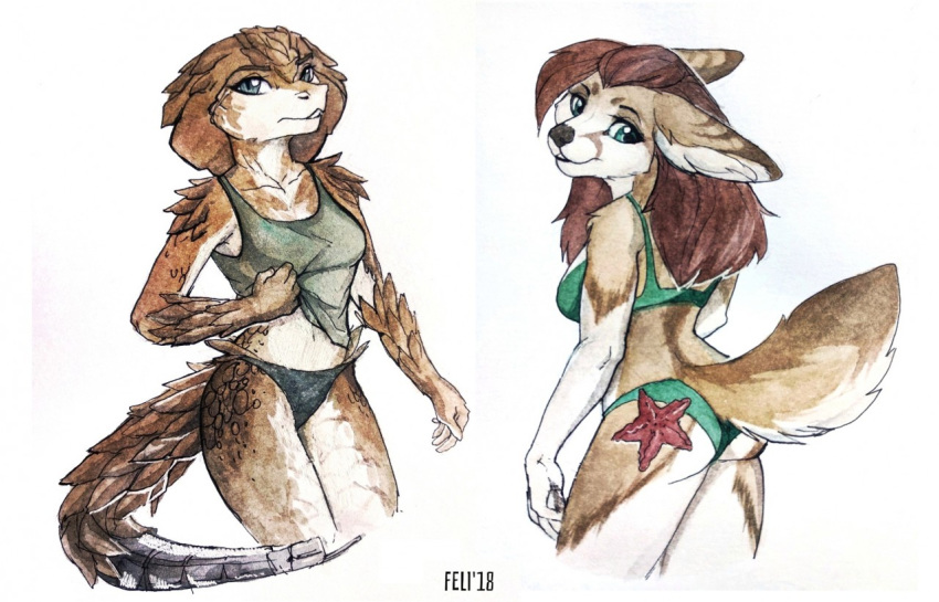 2018 anthro bikini blue_eyes breasts butt butt_pose canine clothed clothing duo felicia_cat female fennec fox looking_at_viewer looking_back mammal marine reptile scalie simple_background snake starfish swimsuit traditional_media_(artwork) white_background