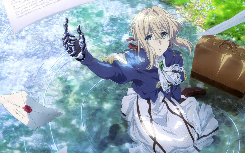 absurdres ascot blonde_hair blue_eyes boots brown_footwear day dress eyebrows_visible_through_hair floating_hair hair_between_eyes highres iwasaki_nami letter long_dress looking_up outdoors prosthesis shiny shiny_hair sidelocks sitting solo tied_hair violet_evergarden violet_evergarden_(character) wariza white_dress white_neckwear