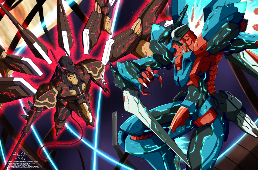 anubis_(z.o.e) arm_blade bodysuit fin_funnels funnels glowing glowing_eyes green_eyes highres innovator123 jehuty lance mecha mechanical_wings neon_trim no_humans orbital_frame polearm power_connection red_eyes robot_ears space spear staff tail weapon wings zone_of_the_enders zone_of_the_enders_2