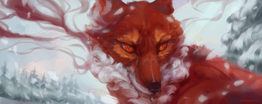 2018 ambiguous_gender canine day demortum digital_media_(artwork) digital_painting_(artwork) feral fox fur mammal orange_eyes orange_fur outside red_eyes red_fur sitting solo