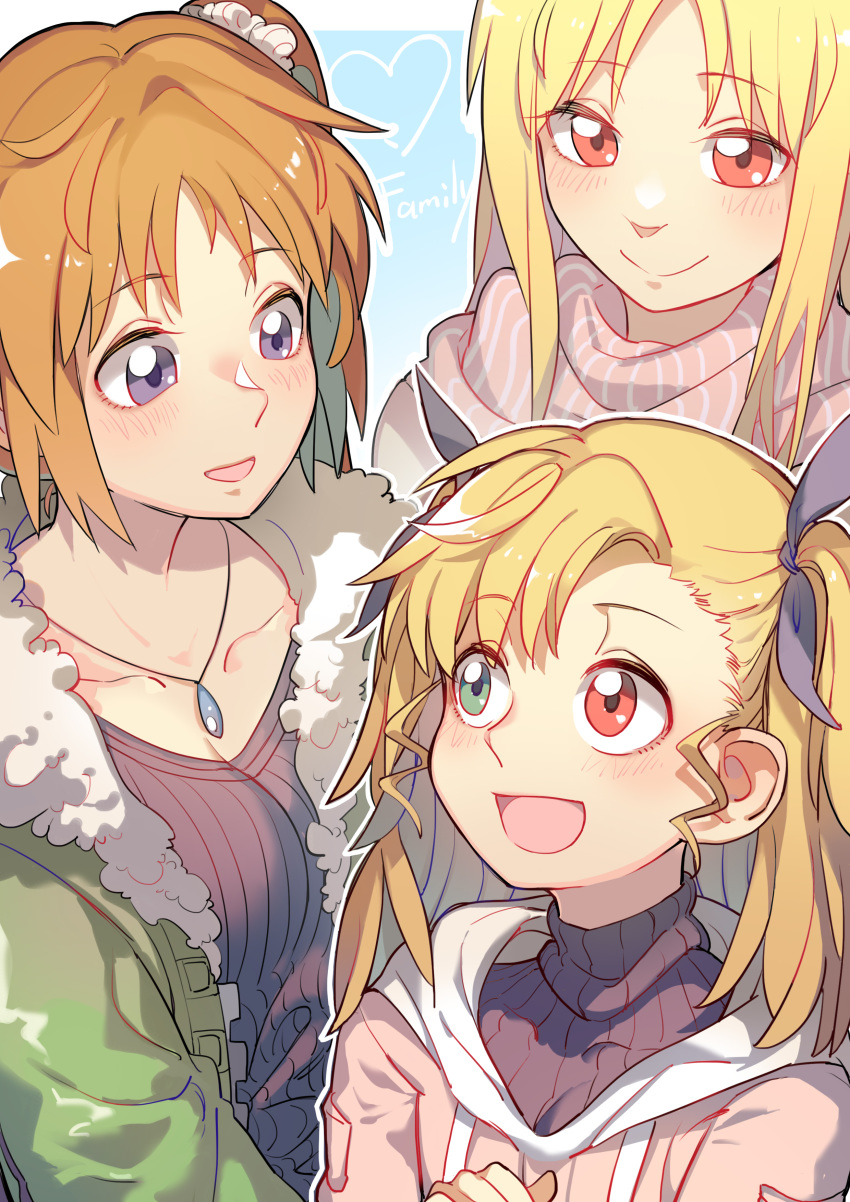 :d absurdres blonde_hair blush breasts brown_hair cleavage collarbone commentary eyebrows_visible_through_hair fate_testarossa green_eyes green_jacket heart heterochromia highres hood hoodie jacket jewelry looking_at_another lyrical_nanoha mahou_shoujo_lyrical_nanoha mahou_shoujo_lyrical_nanoha_strikers medium_breasts mother_and_daughter multiple_girls necklace open_mouth pink_hoodie rakuichi red_eyes ribbed_sweater scarf side_ponytail smile sweater takamachi_nanoha turtleneck turtleneck_sweater vivio wife_and_wife winter winter_clothes yuri