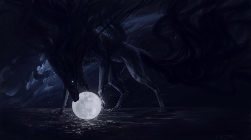 2018 ambiguous_gender black_nose canine demortum digital_media_(artwork) feral mammal moon night open_mouth outside pale_eyes paws sky solo star starry_sky teeth tongue