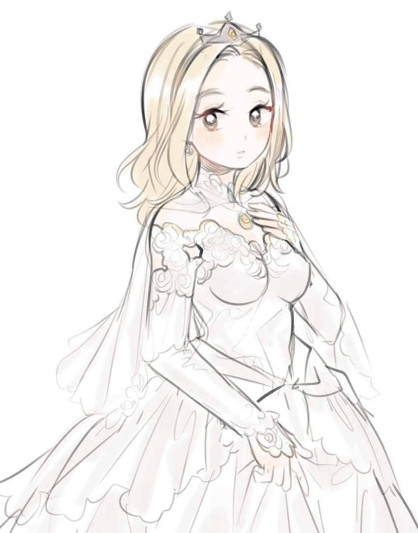aubz bare_shoulders blonde_hair bridal_veil bride dress elbow_gloves flower formal gloves highres jewelry long_hair necklace octopath_traveler ophilia_(octopath_traveler) rose simple_background smile solo strapless strapless_dress veil wedding wedding_dress white_dress white_flower white_gloves