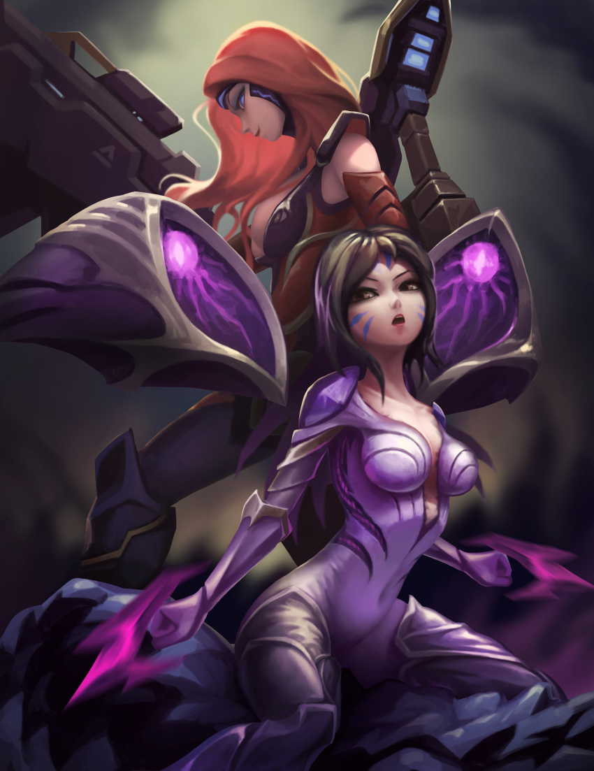 2girls breasts brown_eyes brown_hair kai'sa large_breasts league_of_legends long_hair looking_at_viewer medium_breasts multiple_girls open_mouth red_hair sarah_fortune