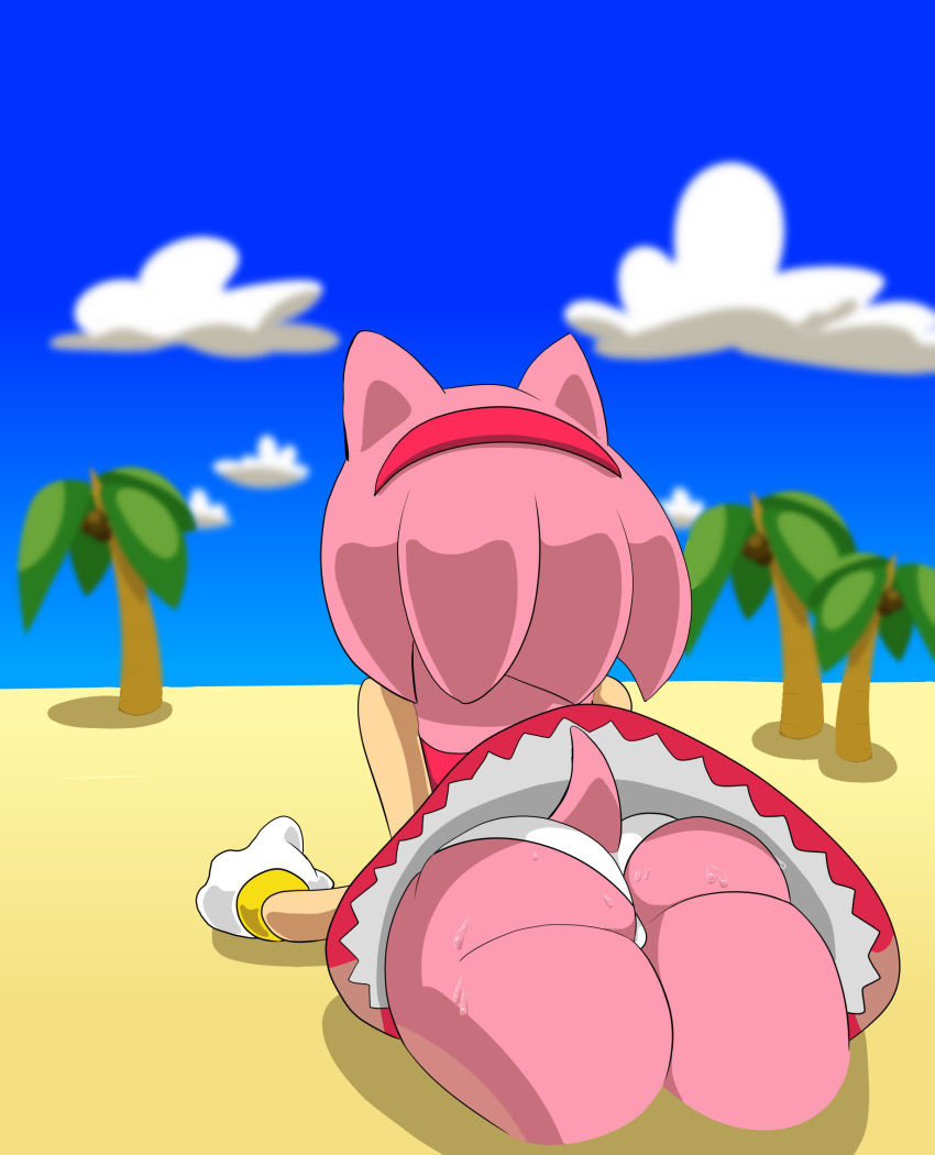 2019 amy_rose big_butt bracelet butt clothed clothing coconut_tree dress eulipotyphlan female gloves hairband hedgehog jewelry lying mammal on_front panties parumpi rear_view sand solo sonic_(series) sweat thick_thighs underwear upskirt wide_hips