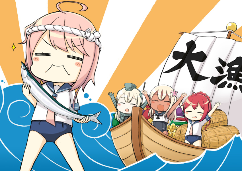 :d =_= \o/ ahoge animal arms_up bad_id bad_pixiv_id bangs bare_arms bare_shoulders black_dress black_neckwear black_sailor_collar black_swimsuit blonde_hair blue_sailor_collar blush blush_stickers boat closed_eyes commentary_request cropped_jacket dress engiyoshi eyebrows_visible_through_hair fish flower garrison_cap grey_hat grey_jacket hair_between_eyes hair_flower hair_ornament hat high_ponytail holding_fish i-168_(kantai_collection) i-58_(kantai_collection) jacket kantai_collection long_hair multiple_girls one-piece_swimsuit open_clothes open_jacket open_mouth outstretched_arms pink_flower pink_hair pink_neckwear ponytail red_hair ro-500_(kantai_collection) sailor_collar saury school_swimsuit school_uniform serafuku ship shirt short_sleeves sleeveless sleeveless_shirt smile sparkle standing sunburst swimsuit swimsuit_under_clothes tan translation_request u-511_(kantai_collection) v-shaped_eyebrows watercraft waves white_shirt