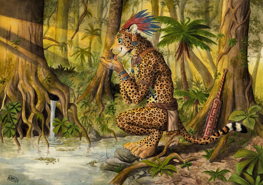 0laffson 2018 anthro aztec cat crouching detailed_background drinking feline forest jaguar macuahuitl male mammal mesoamerican outside pond rainforest spring traditional_media_(artwork) tree tribal tribal_clothing tropical warrior watercolor_(artwork) waterfall