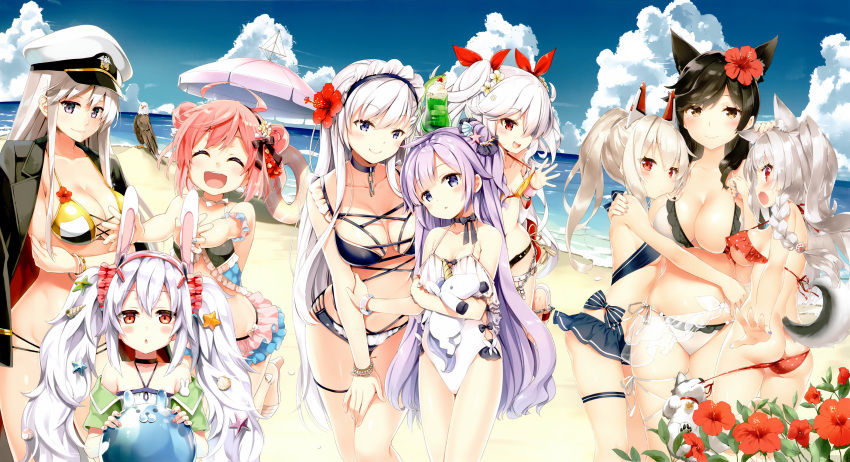 :d ^_^ ahoge animal_ears ass assisted_exposure atago_(azur_lane) ayanami_(azur_lane) azur_lane beach beach_umbrella belfast_(azur_lane) bikini bikini_pull bikini_skirt bird black_hair blue_sky blush bracelet braid breasts brown_eyes bunny_ears chain choker cleavage closed_eyes closed_mouth collar cowboy_shot cropped crossed_arms day dog double_bun dutch_angle eagle enterprise_(azur_lane) eretto extra_ears eyebrows_visible_through_hair fake_animal_ears fang flower frilled_bikini frills hair_flower hair_ornament halterneck hat head_tilt headgear highres horizon jewelry laffey_(azur_lane) large_breasts long_hair looking_at_viewer maid_headdress medium_breasts military_hat multi-strapped_bikini multiple_girls nail_polish natsume_eri navel object_hug open_mouth parted_lips peko pink_hair polka_dot polka_dot_bikini ponytail profile purple_eyes red_bikini red_eyes ribbon sandals saratoga_(azur_lane) sarong scan short_hair side-tie_bikini side_braid sideboob silver_hair sky small_breasts smile standing standing_on_one_leg starfish stitched strap_gap stuffed_unicorn swimsuit tail thick_eyebrows thigh_ribbon thigh_strap third-party_edit twintails umbrella unicorn_(azur_lane) vampire_(azur_lane) white_bikini white_hair yellow_bikini yuudachi_(azur_lane)