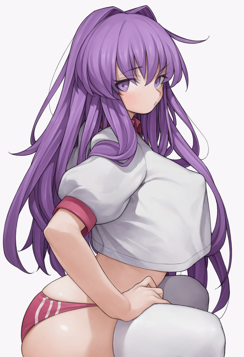 arched_back buruma clannad covered_nipples crop_top crop_top_overhang eyebrows_visible_through_hair from_side fujibayashi_kyou grey_background gym_uniform hair_intakes highres leaning_forward long_hair midriff purple_eyes purple_hair rabbit_(wlsdnjs950) sidelocks simple_background solo thighhighs white_legwear