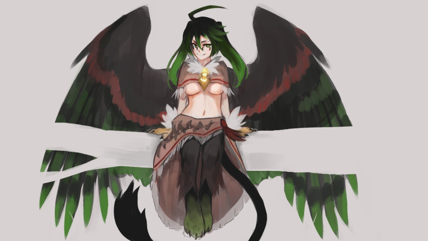 1girl ahoge black_hair breasts capelet claws commentary english_commentary feathered_wings full_body fur_collar fusion glasses gradient_hair green_eyes green_hair grey_background griffon_(monster_girl_encyclopedia) hair_between_eyes highres huge_ahoge large_breasts large_wings long_hair looking_at_viewer monster_girl monster_girl_encyclopedia multicolored_hair navel original paintrfiend paws raised_eyebrow rectangular_eyewear simple_background sitting smile solo spread_wings stomach tharkis twintails underboob waist_cape wings
