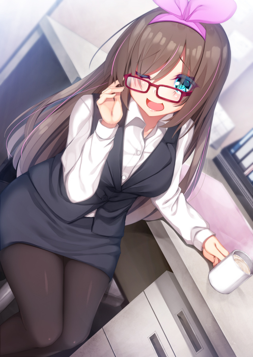 ;d a.i._channel adjusting_eyewear alternate_costume bangs bespectacled black_legwear black_skirt black_vest blue_eyes blurry blurry_background breasts brown_hair buttons chair chikuwabuta coffee coffee_mug collared_shirt colored_eyelashes commentary_request cup depth_of_field desk dress_shirt dutch_angle eyebrows_visible_through_hair feet_out_of_frame file_cabinet glasses hairband highres kizuna_ai large_breasts long_hair long_sleeves looking_at_viewer mug multicolored_hair office_lady on_chair one_eye_closed open_mouth pantyhose pencil_skirt pink_hair pink_hairband red-framed_eyewear shirt sitting skirt slit_pupils smile solo steam streaked_hair swept_bangs very_long_hair vest virtual_youtuber white_shirt wing_collar