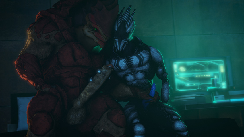 2018 3d_(artwork) alien balls big_balls big_penis computer digital_media_(artwork) duo erection handjob huge_penis interspecies krogan male male/male mass_effect muscular muscular_male nude penis rooking sex sitting thick_penis turian video_games