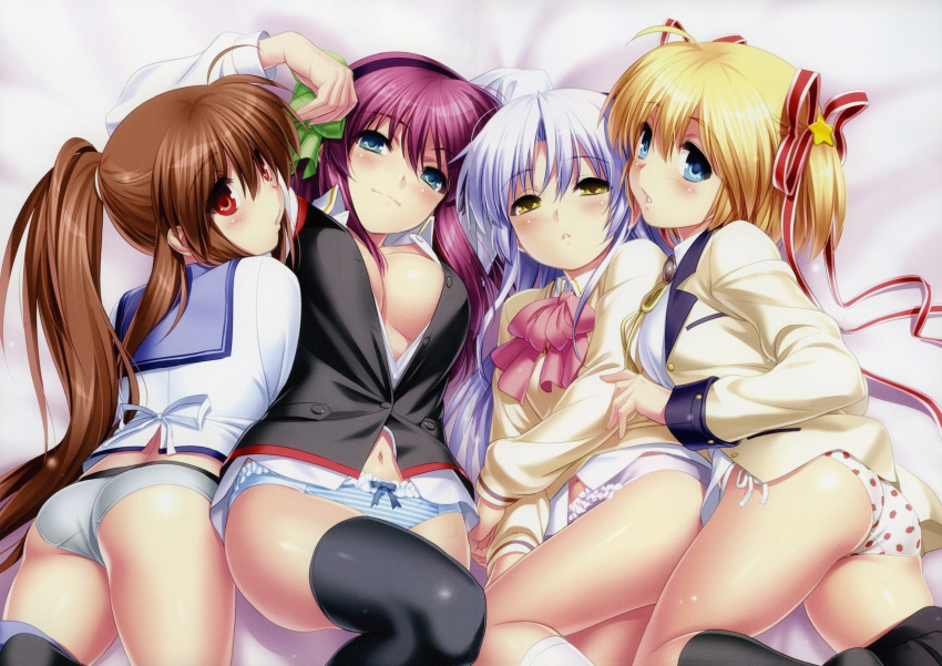 absurdres angel_beats! aqua_eyes ass bed_sheet bikini black_hairband black_legwear black_skirt blonde_hair blue_bow blue_eyes blush bow bow_panties bowtie breasts brown_hair company_connection cosplay costume_switch dress_shirt eyebrows_visible_through_hair food_print girl_sandwich green_bow grey_panties hair_between_eyes hair_bow hair_ornament hair_ribbon hairband highres jacket kamikita_komari kamikita_komari_(cosplay) key_(company) kneehighs large_breasts little_busters! long_hair long_sleeves looking_at_viewer looking_back lying multiple_girls natsume_rin natsume_rin_(cosplay) on_back on_stomach open_clothes open_shirt panties parted_lips pink_bow pleated_skirt ponytail print_panties purple_hair red_eyes ribbon sailor_collar sandwiched school_uniform shinda_sekai_sensen_uniform shiny shiny_clothes shiny_hair shiny_skin shirt side-tie_bikini silver_hair skirt skirt_around_one_leg smile star star_hair_ornament strawberry_panties strawberry_print striped striped_panties striped_ribbon swimsuit tenshi_(angel_beats!) tenshi_(angel_beats!)_(cosplay) thighhighs twintails underwear very_long_hair white_panties white_shirt yellow_eyes yellow_jacket yuri_(angel_beats!) yuri_(angel_beats!)_(cosplay) zen