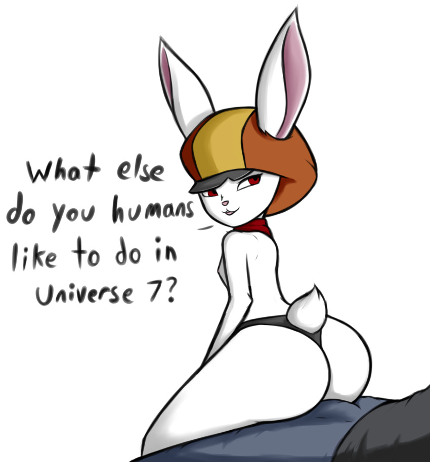 anthro breasts butt clothed clothing dragon_ball dragon_ball_super duo english_text female fur grinding interspecies kierus lagomorph looking_back male male/female mammal mostly_nude nipples panties rabbit red_eyes scarf simple_background small_breasts smile solo_focus sorrel_(dragon_ball) text topless underwear white_background white_fur