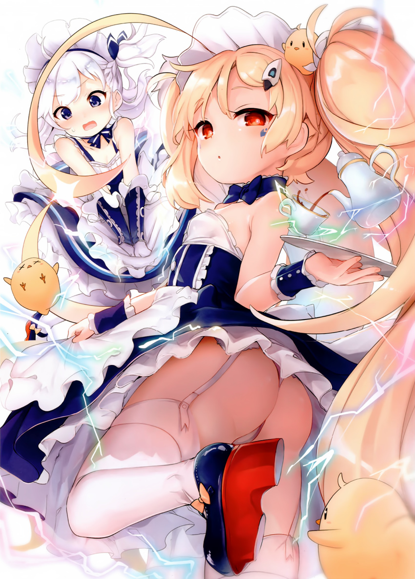 ahoge apron ass azur_lane belchan_(azur_lane) belfast_(azur_lane) belfast_(azur_lane)_(cosplay) blonde_hair blush braid breasts cosplay cropped eldridge_(azur_lane) electricity embarrassed facial_mark garter_belt highres kedama_milk long_hair maid_headdress multiple_girls official_art open_mouth panties parted_lips purple_eyes red_footwear scan side_braid skirt skirt_tug small_breasts standing standing_on_one_leg sweatdrop thighhighs thong tray twintails underwear very_long_hair waist_apron wavy_mouth white_hair white_legwear white_panties wrist_cuffs