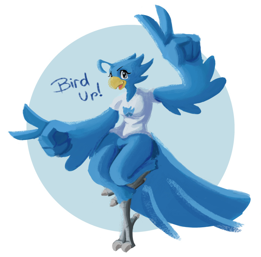 2019 anthro avian beak big_hands bird blue_feathers bottomless claws clothed clothing dialogue double_v_sign english_text feather_hands feathers female hi_res looking_at_viewer on_one_leg simple_background solo standing tail_feathers talons teabro text toe_claws tweetfur twitter v_sign