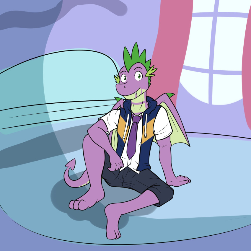 anthro anthrofied barefoot clothed clothing dragon friendship_is_magic fully_clothed fuze hi_res hoodie male my_little_pony necktie shirt shorts spike_(mlp) vest