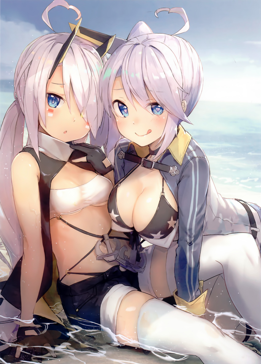 :q ahoge all_fours azur_lane beach black_bikini_top black_gloves blue_eyes blush breasts cleavage cropped dark_skin day facial_mark fingerless_gloves gloves hair_over_one_eye heart heart-shaped_pupils highres indianapolis_(azur_lane) isegawa_yasutaka large_breasts lavender_hair long_hair looking_at_viewer low_twintails midriff multiple_girls official_art outdoors partially_submerged pink_hair portland_(azur_lane) scan short_shorts shorts side_ponytail small_breasts strapless symbol-shaped_pupils thighhighs tongue tongue_out tubetop twintails very_long_hair water white_legwear