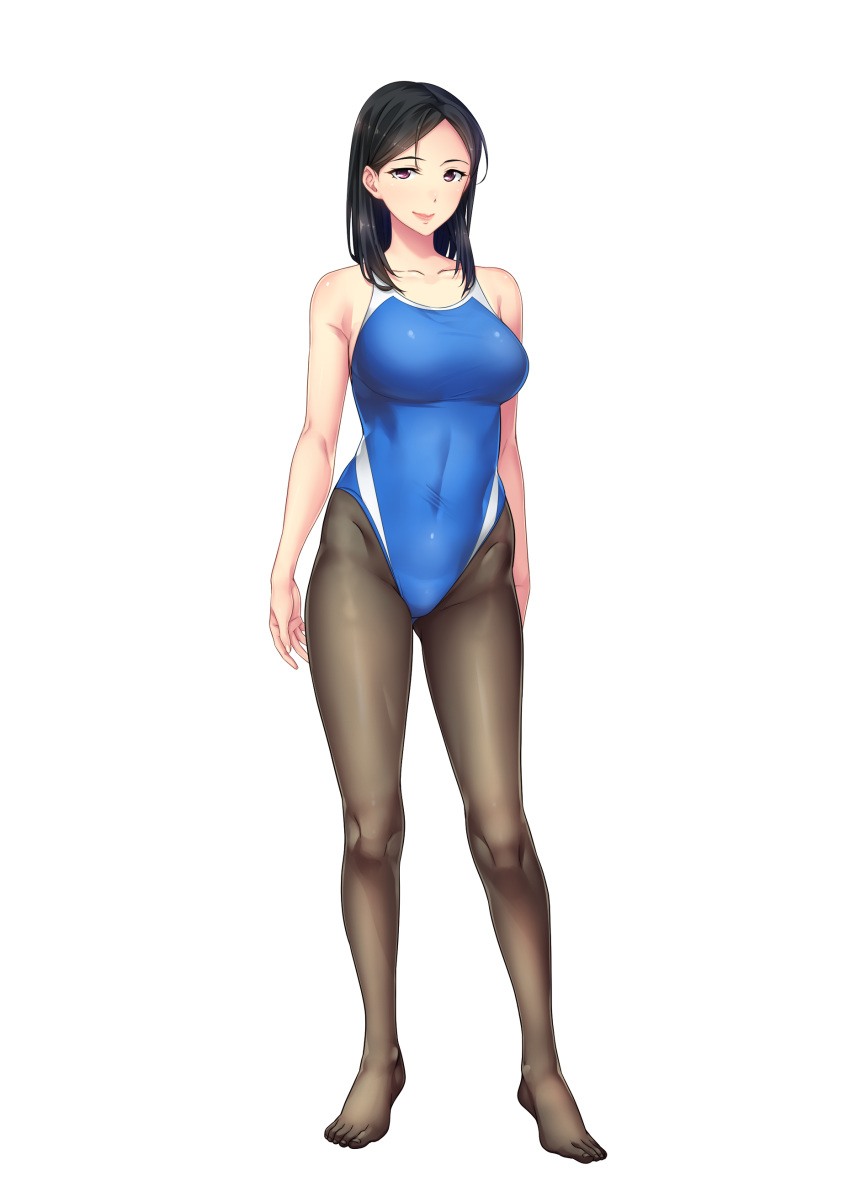 1girl bare_arms bare_shoulders black_hair breasts bubuzuke closed_mouth covered_navel feet full_body groin highres hitotsumami:_relaxation_series legs legs_apart looking_at_viewer medium_breasts medium_hair no_shoes original pantyhose pink_eyes simple_background sleeveless smile solo standing swimsuit thighs toes transparent_background