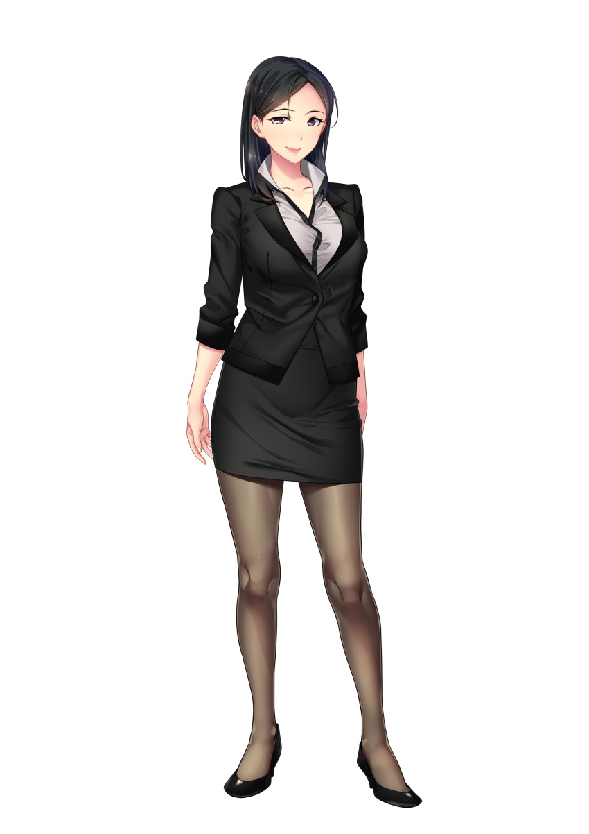 1girl black_hair black_skirt breasts bubuzuke closed_mouth feet formal full_body high_heels highres hitotsumami:_relaxation_series legs legs_apart looking_at_viewer medium_breasts medium_hair original pantyhose pink_eyes simple_background skirt smile solo standing suit thighs transparent_background