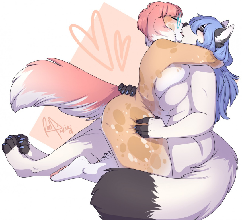 2018 anthro big_breasts blue_hair blue_nails blush breast_squish breasts breasts_frottage canine claws colored_nails dipstick_ears dipstick_tail duo eyes_closed eyewear female female/female fingerless_(marking) fur glasses hair hug kissing kneeling long_hair mammal multicolored_tail overweight pawpads pink_hair red_hair redpixie short_hair side_boob simple_background sitting slightly_chubby straddling thick_thighs thigh_grab toe_claws toeless_(marking) white_fur