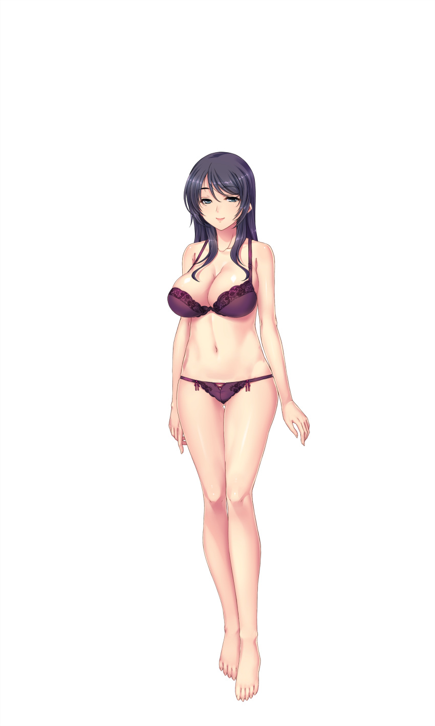 1girl bare_arms bare_legs bare_shoulders barefoot blue_eyes blush bra breasts cleavage closed_mouth feet full_body groin highres hitotsumami:_relaxation_series large_breasts legs legs_together long_hair looking_at_viewer navel original panties purple_hair simple_background smile solo thighs toes transparent_background underwear yatsuha_kanan