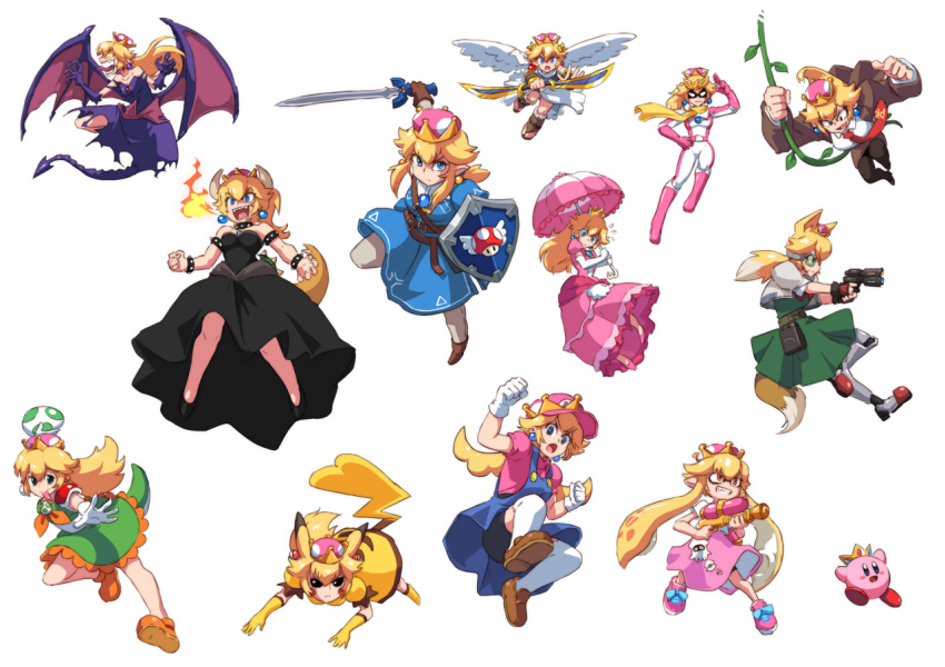 adapted_costume aiming angel_wings animal_ears black_dress blonde_hair blooper blue_eyes bodysuit bowsette breathing_fire captain_falcon claws crown donkey_kong donkey_kong_(series) dress f-zero fangs fire fox_ears fox_mccloud fox_tail full_body ganondorf genderswap gun handgun hat horns inkling john_su kid_icarus kirby kirby_(series) link looking_at_viewer mario_(series) metroid mini_crown multiple_girls necktie new_super_mario_bros._u_deluxe overall_skirt pikachu pit_(kid_icarus) plant pokemon princess_peach purple_dress ridley salute scarf serious sharp_teeth shield smile splatoon_(series) splattershot_(splatoon) star_fox super_crown super_mario_bros. super_smash_bros. super_smash_bros._ultimate sword tail teeth tentacle_hair the_legend_of_zelda tongue tongue_out transparent_background vines weapon wings yoshi