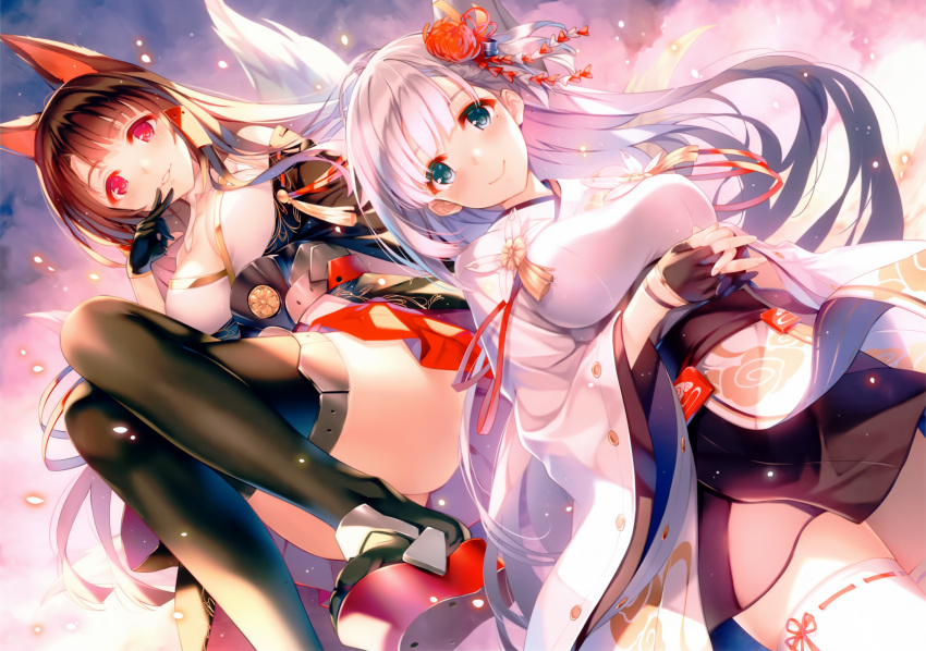 akagi_(azur_lane) animal_ears ass azur_lane black_gloves black_hair black_legwear blue_eyes breasts cleavage cowboy_shot cropped dusk dutch_angle eyebrows_visible_through_hair fingerless_gloves flower fox_ears gloves hair_flower hair_ornament highres interlocked_fingers large_breasts looking_at_viewer misaki_kurehito mole mole_under_eye multiple_girls official_art outdoors own_hands_together red_eyes ribbon-trimmed_legwear ribbon_trim sandals scan shoukaku_(azur_lane) sky smile tail thighhighs underbust white_hair white_legwear wide_sleeves